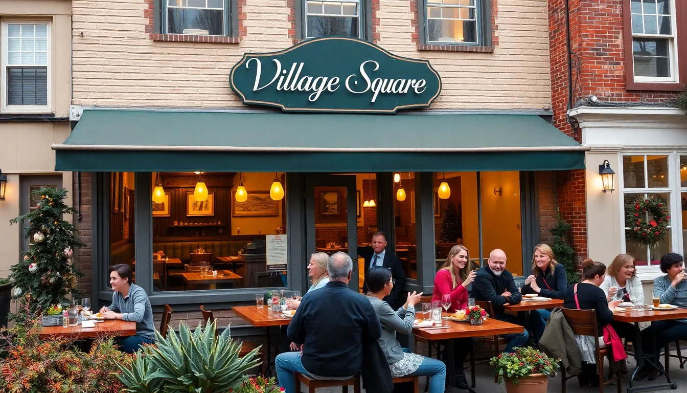 people dining outside the Village Square Restaurant in a charming setting.