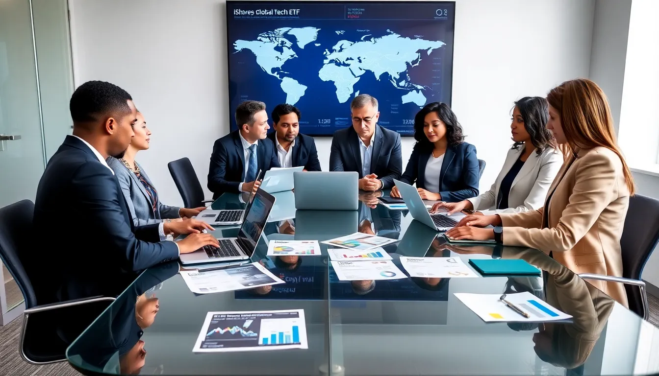 diverse financial team discussing iShares Global Tech ETF in a modern office.