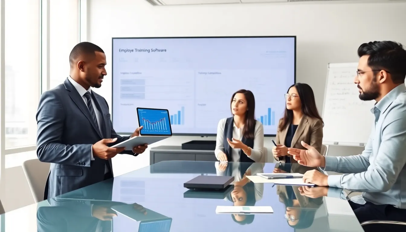 diverse team discussing employee training tracking software in a bright office.