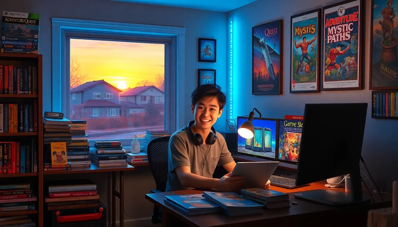 A game designer in a nostalgic PC gaming room, reviewing designs.
