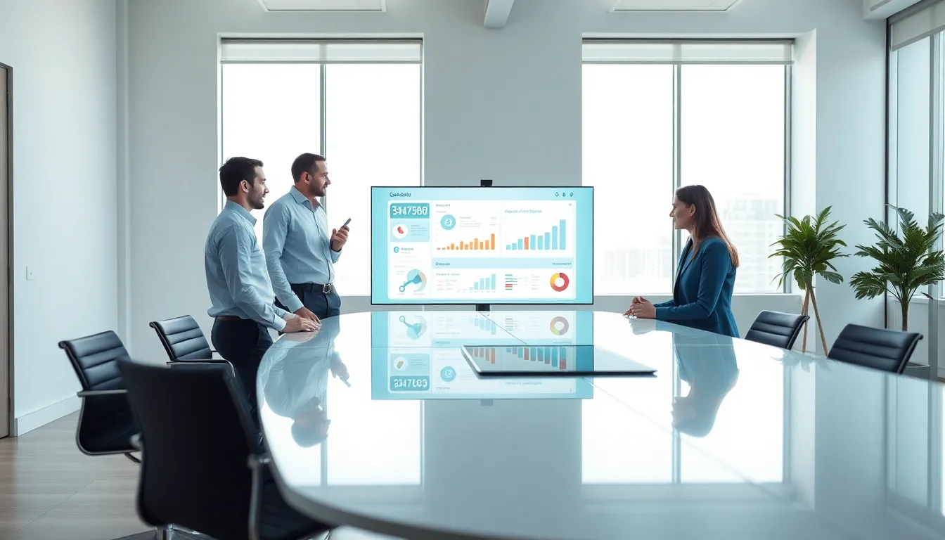 diverse team discussing data in a modern office.